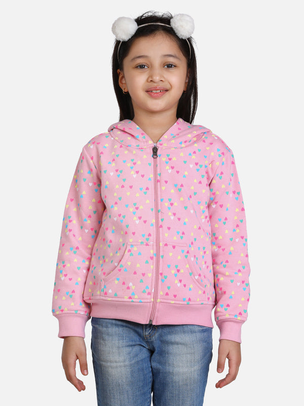 Girls Light Pink  Heart Printed Jacket with Hoodie