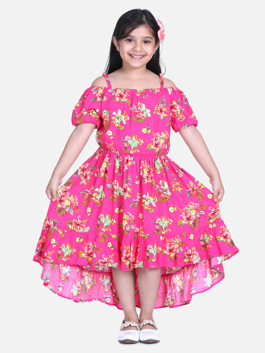 Girls Dark Pink Floral Hi Low Dress