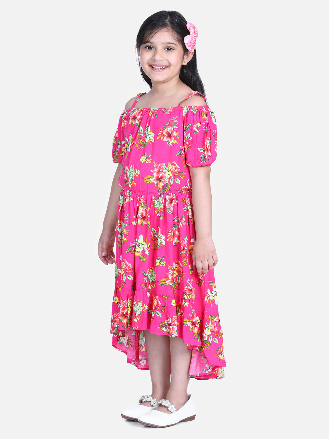 Girls Dark Pink Floral Hi Low Dress