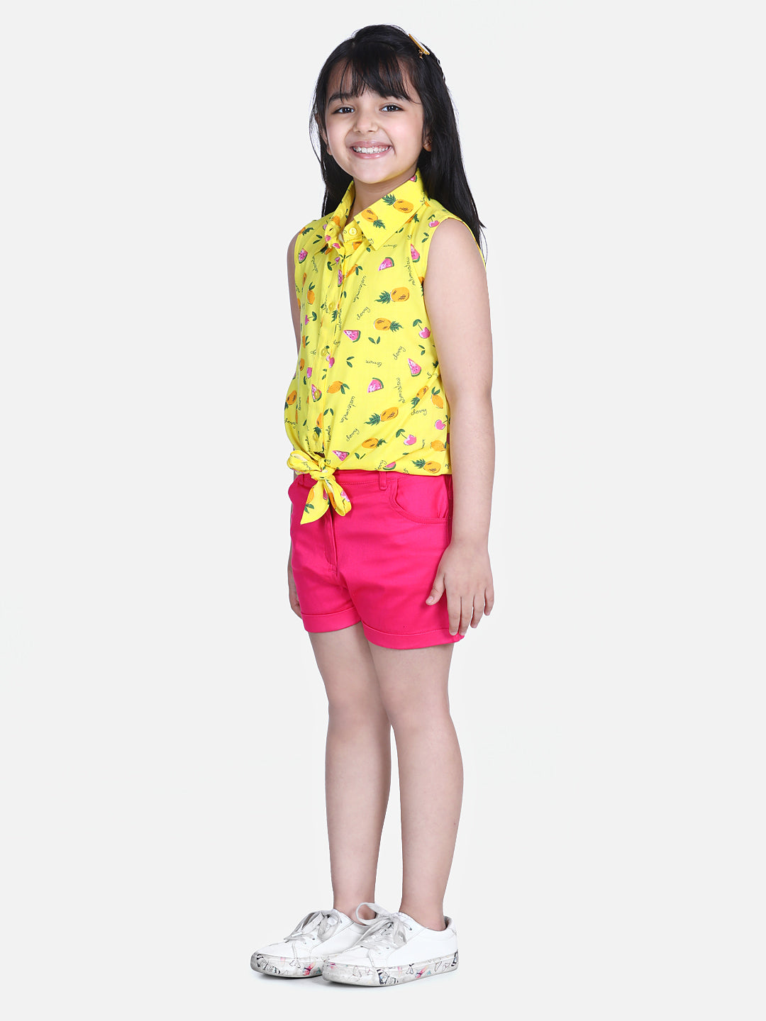 Girls Yellow  Printed Tie Knot Top with Pink Shorts