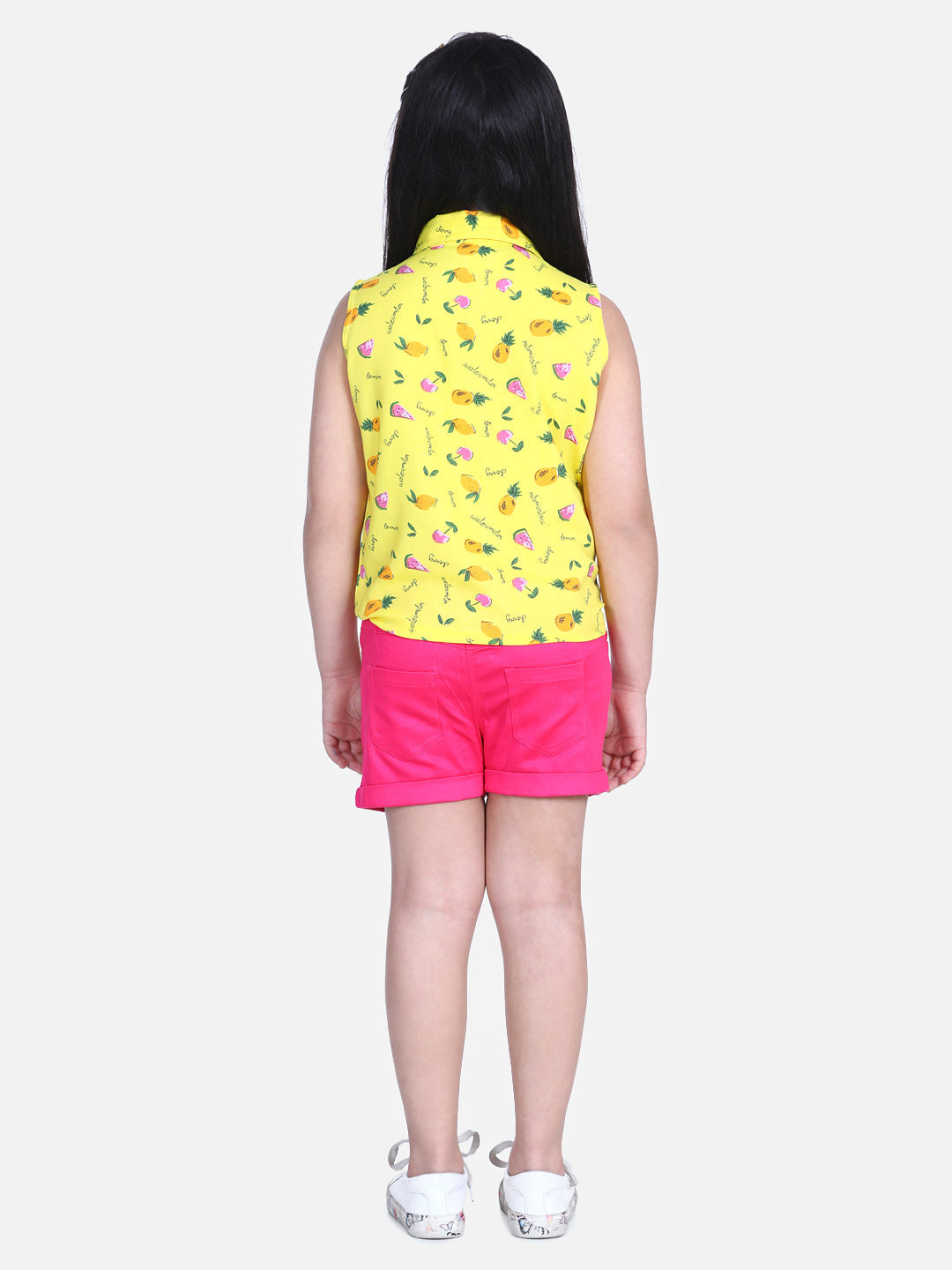 Girls Yellow  Printed Tie Knot Top with Pink Shorts