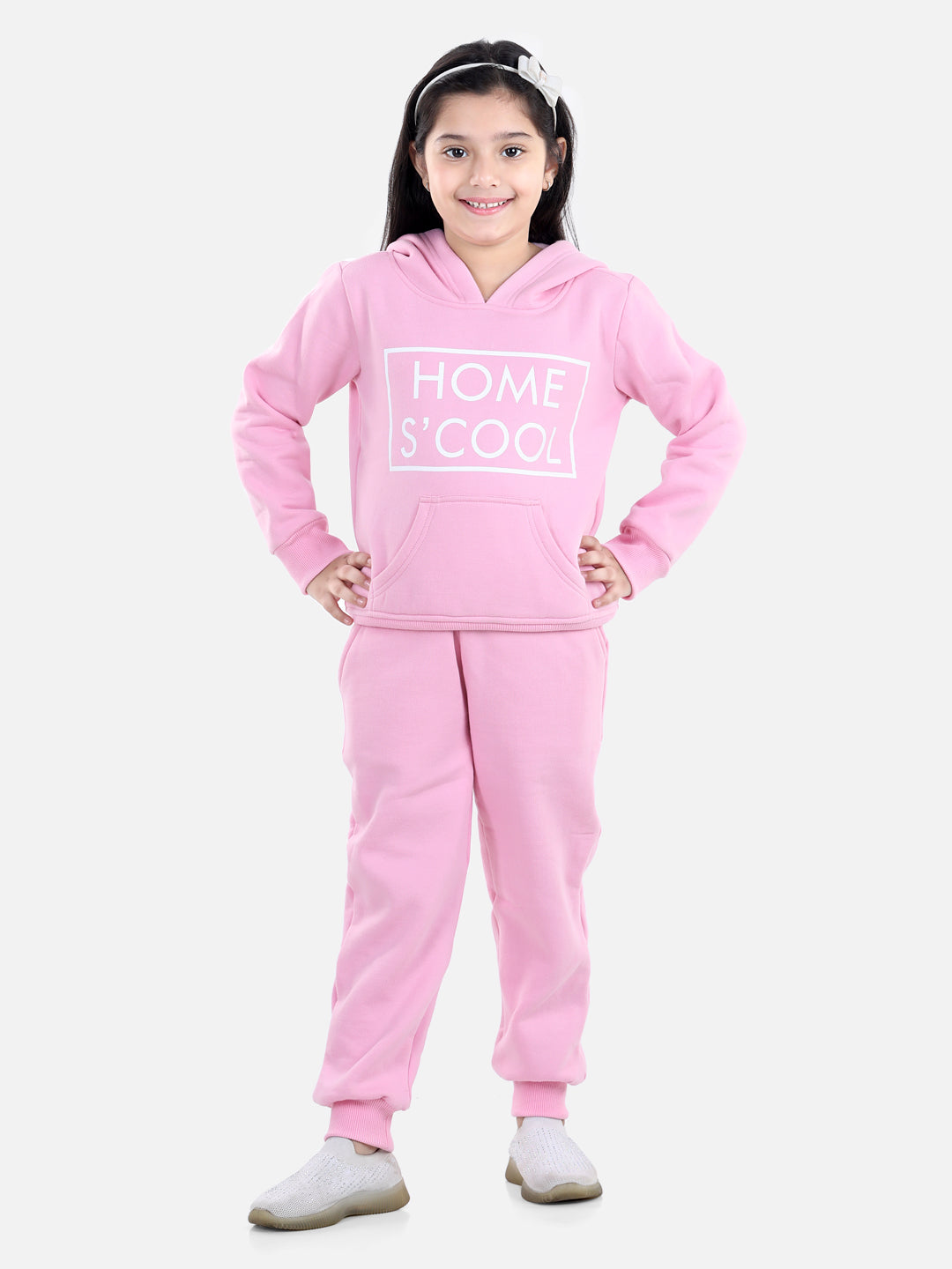 Girls Light Pink Home S'Cool Printed Hooded Track Suit Set – Stylestone