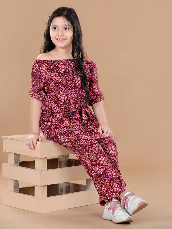 Girls Rayon Maroon floral Offshoulder Jumpsuit