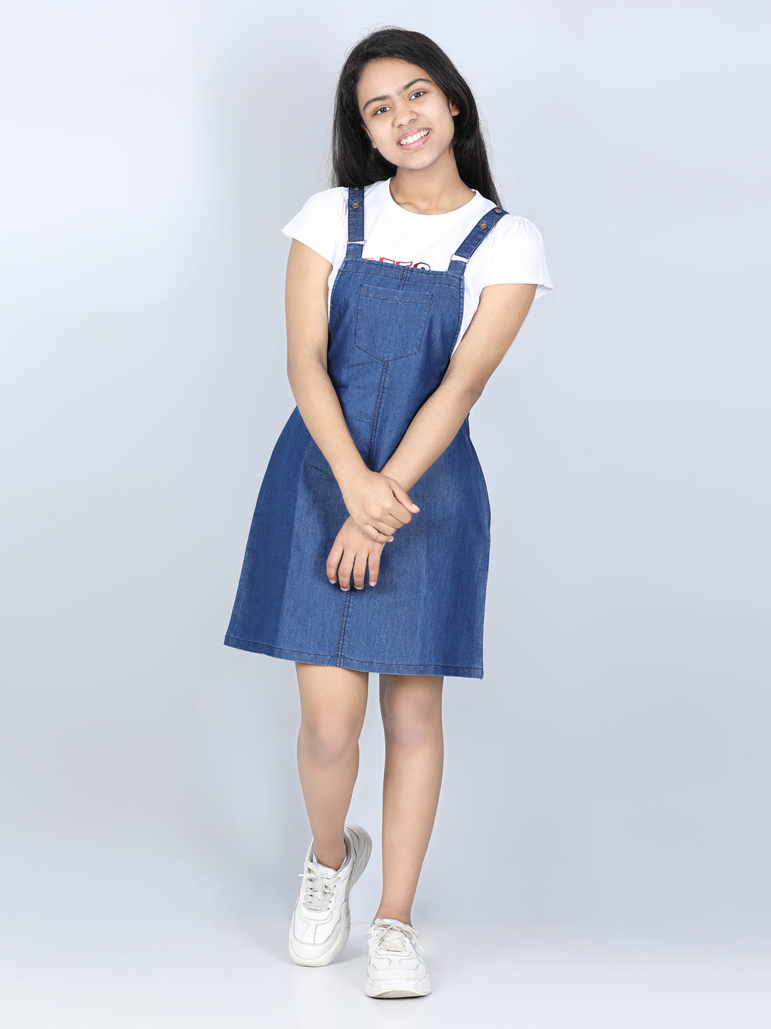 Plain Dungaree Style Dress with Printed Full Sleeve T-shirt – Lilpicks